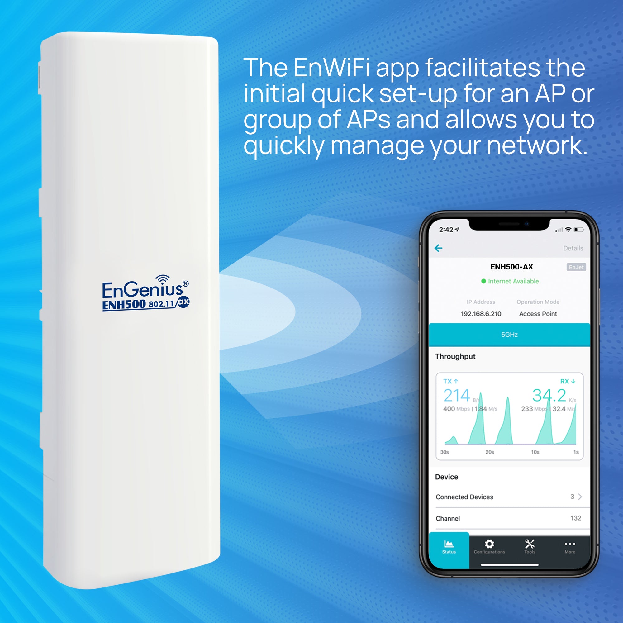 EnGenius - ENH500-AX - 11ax, 2x2 MU-MIMO Outdoor IP55-Rated, High-Powered 26dBm, Single-Band, Managed AP with Integrated 16dBi Directional antennas, 2 GBE Ports, Proprietary PoE, speeds up-to 1200Mbps on 5 GHz. Includes PoE (24V) Injector, Wall Mount