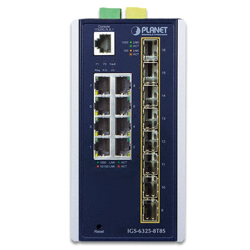 Planet - IGS-6325-8T8S - Industrial L3 8-Port 10/100/1000T + 8-Port 100/1000X SFP Managed Ethernet Switch