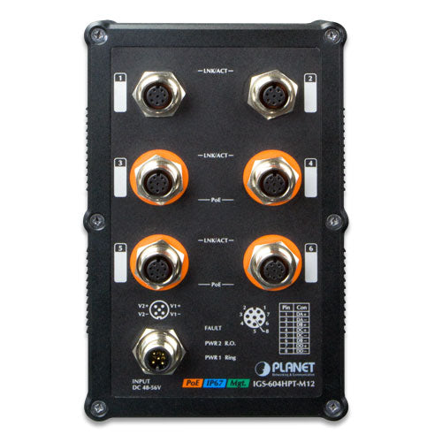 Planet - IGS-604HPT-M12 - Industrial IP67 Rated 4-Port 10/100/1000T 802.3at PoE + 2-Port 10/100/1000T Managed Ethernet Switch (-40~75C)