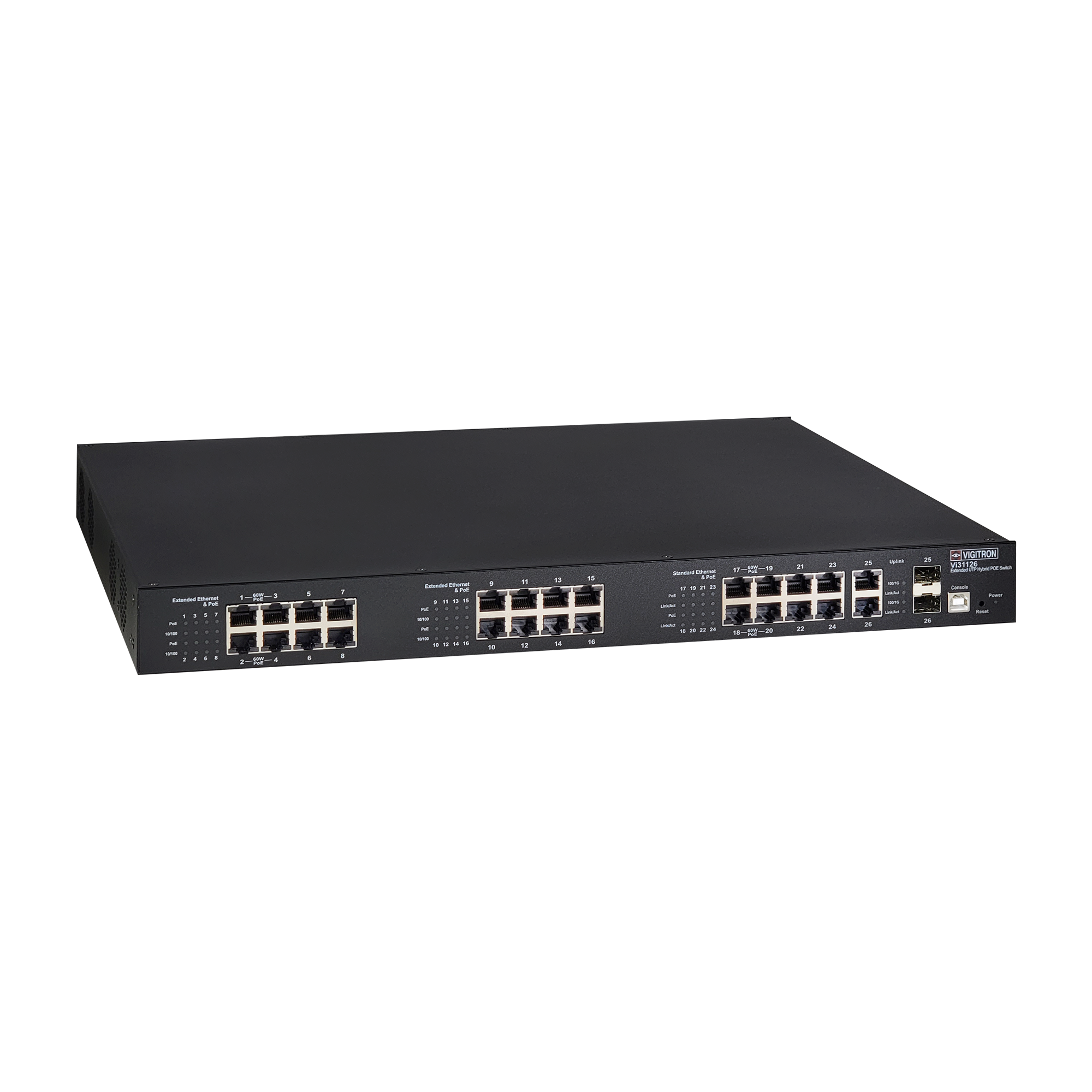 Vigitron - Vi31126 - 26-Port, 16-Port Extended UTP, 8-Port Standard, L2, Hybrid PoE Switch