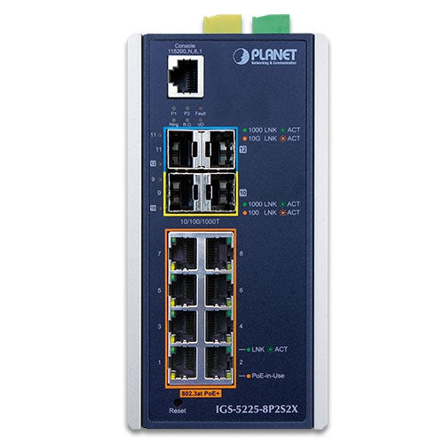Planet - IGS-5225-8P2S2X - Industrial L3 8-Port 10/100/1000T 802.3at PoE + 2-Port 1G/2.5G SFP + 2-Port 10G SFP+ Managed Ethernet Switch