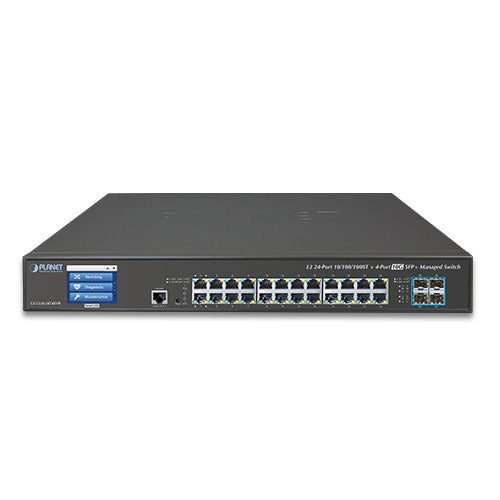 Planet - GS-5220-24T4XVR - L3 24-Port 10/100/1000T + 4-Port 10G SFP+ Managed Ethernet Switch with LCD Touch Screen and Redundant Power