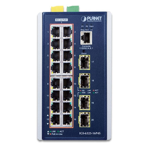 Planet - IGS-6325-16P4S - L3 Industrial 16-Port 10/100/1000T 802.3at PoE + 4-Port 100/1000X SFP Managed Ethernet Switch