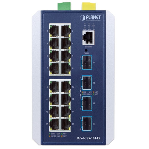 Planet - IGS-6325-16T4X - Industrial L3 16-Port 10/100/1000BASE-T + 4-Port 10GBASE-X SFP+ Managed Switch
