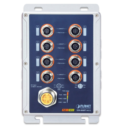 Planet - ISW-808PT-M12 - Industrial IP67 8-Port 10/100TX M12 802.3at PoE+ Switch