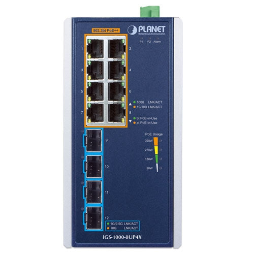 Planet - IGS-1000-8UP4X - Industrial 8-Port 10/100/1000T 802.3bt PoE + 4-Port 10G SFP+ Ethernet Switch