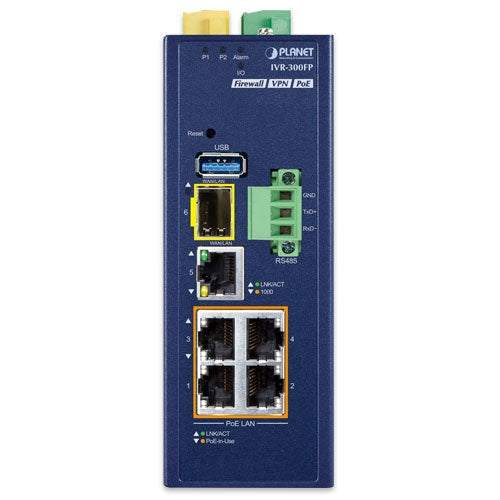 Planet - IVR-300FP - Industrial 4-Port 10/100/1000T 802.3at PoE + 1-Port 10/100/1000T + 1-Port 1000X SFP VPN Security Gateway