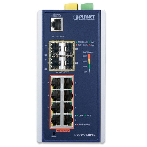 Planet - IGS-5225-8P4S - Industrial L2+ 8-Port 10/100/1000T 802.3at PoE + 2-Port 100/1G SFP + 2-Port 1G/2.5G SFP Managed Ethernet Switch