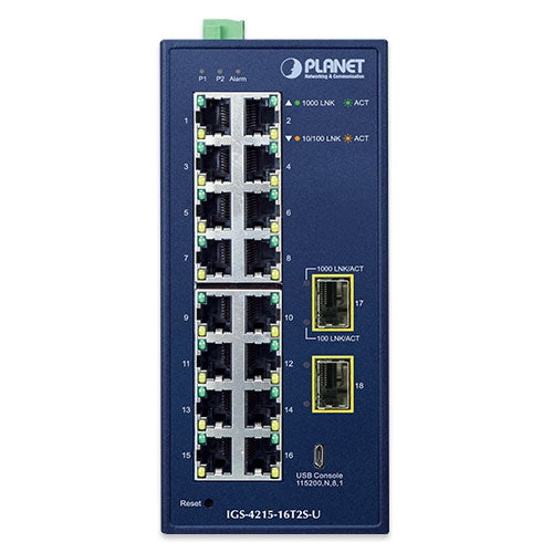 Planet - IGS-4215-16T2S-U - Industrial L2/L4 16-Port 10/100/1000T + 2-Port 100/1000X SFP Managed Switch with USB Console