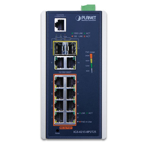 Planet - IGS-4215-8P2T2S - Industrial 8-Port 10/100/1000T 802.3at PoE + 2-Port 10/100/100T + 2-Port 100/1000X SFP Managed