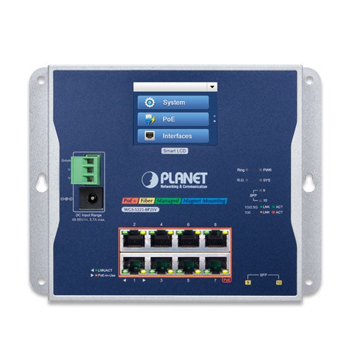 Planet - WGS-5225-8P2SV - Industrial L2+ 8-Port 10/100/1000T 802.3at PoE + 2-Port 100/1000X SFP Wall-mount Managed Switch