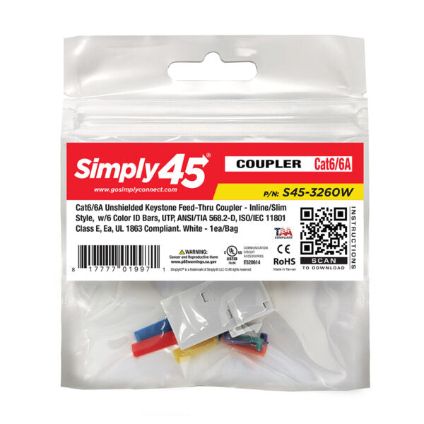 Simply 45 - S45-3260W - Cat6 UTP White Keystone Feed-Thru Coupler - w/6-Color Snap-On ID Bars Included. 1ea/bag