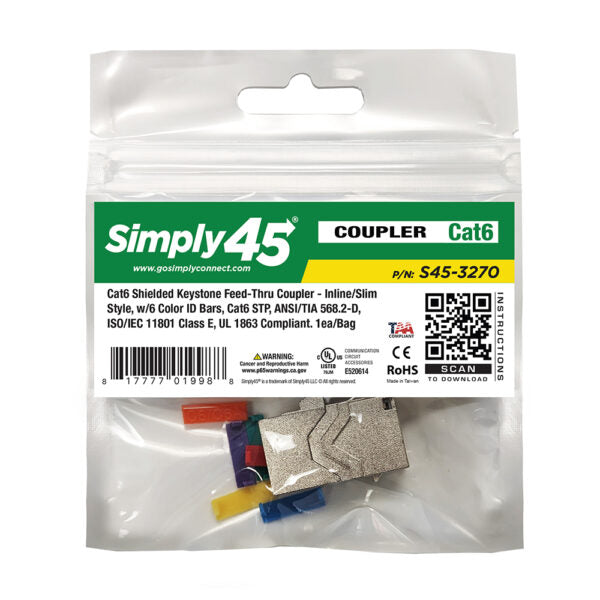 Simply 45 - S45-3270 - Cat6 STP Keystone Feed-Thru Coupler - w/6-Color Snap-On ID Bars Included. 1ea/bag