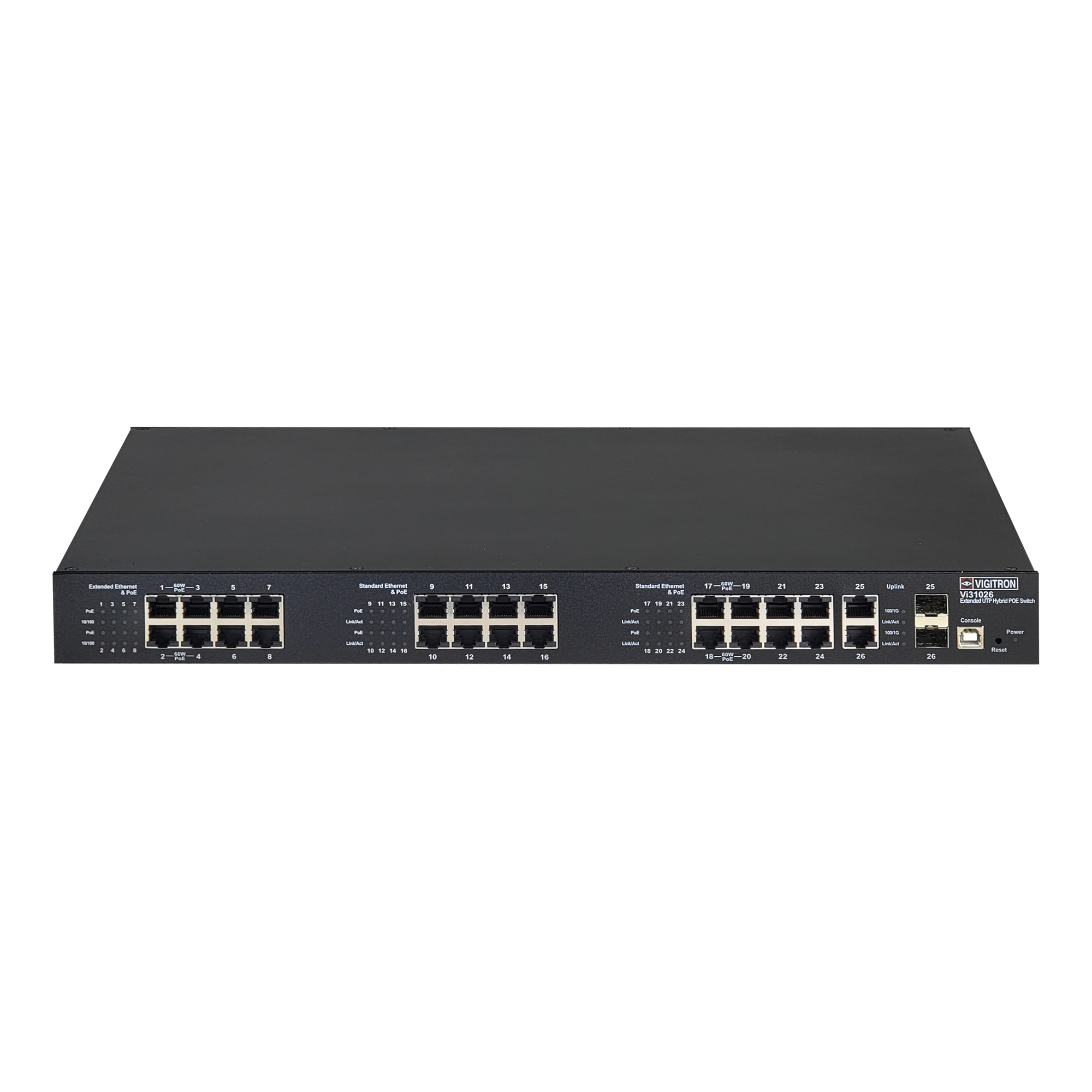 Vigitron - Vi31026 - 26-Port, 8-Port Extended UTP, 16-Port Standard, L2, Hybrid PoE Switch