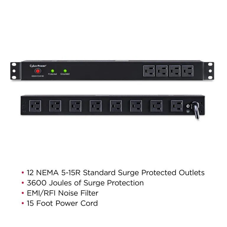 CYBERPOWER - RKBS15S4F8R - 3600 J, 120 V, NEMA 5-15P plug, 12 NEMA 5-15R (4 front, 8 rear), 15 ft cord, Limited lifetime warranty