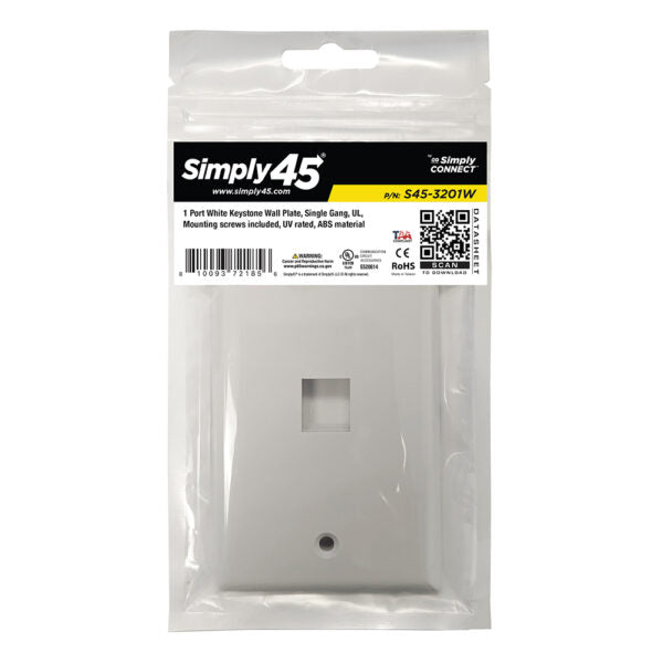 Simply 45 - S45-3201W - 1 Port White Keystone Wall Plate, Standard, Single Gang, UL - 1EA/BAG