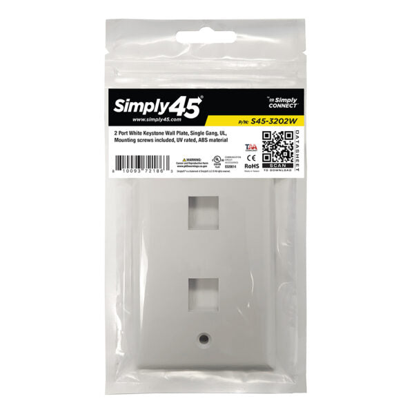 Simply 45 - S45-3202W - 2 Port White Keystone Wall Plate, Standard, Single Gang, UL - 1EA/BAG