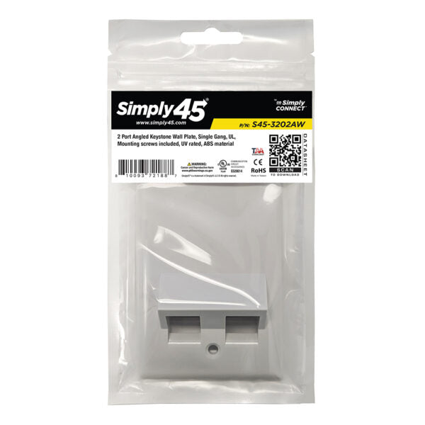 Simply 45 - S45-3202AW - 2 Angled Port White Keystone Wall Plate, Standard, Single Gang, UL - 1EA/BAG