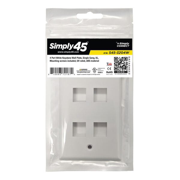 Simply 45 - S45-3204W - 4 Port White Keystone Wall Plate, Standard, Single Gang, UL - 1EA/BAG