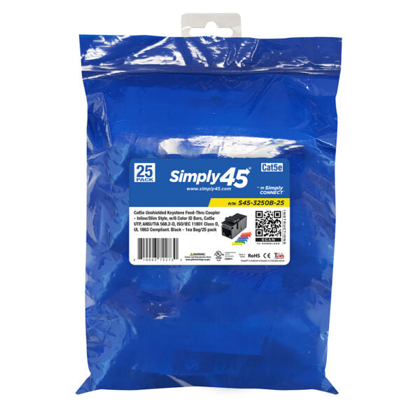 Simply 45 - S45-3250B-25 - Cat5E UTP Black Keystone Feed-Thru Coupler - w/6-Color Snap-On ID Bars Included. 1ea/Bag, 25/Pack