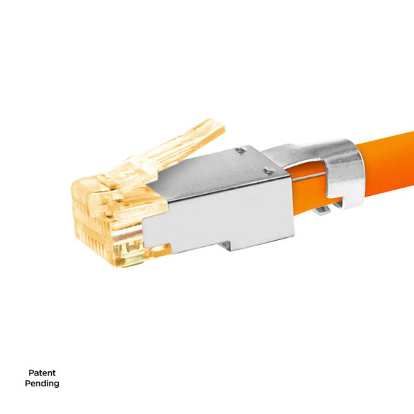 Simply 45 - S45-1155 - Standard Cat7a/7/6a Shielded External Ground RJ45 Modular Plugs with Bar45 Orange Tint, Hi/Lo Stagger - 50pcs/Jar