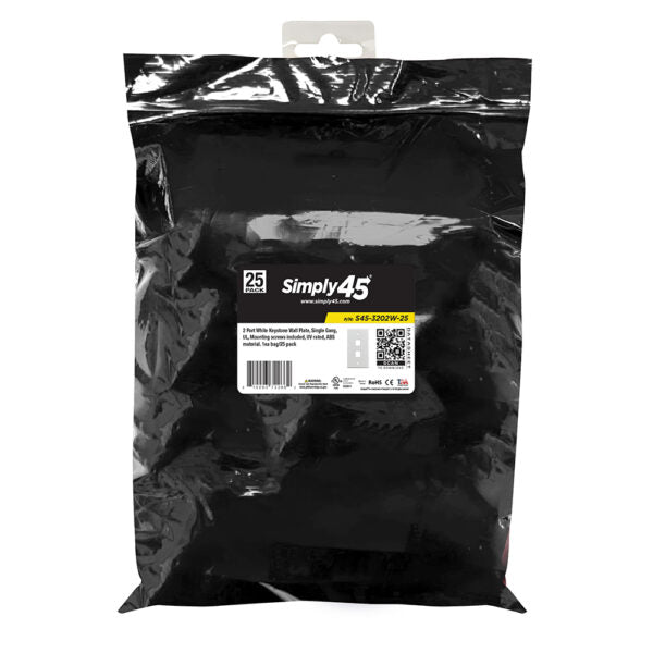 Simply 45 - S45-3202W-25 - 2 Port White Keystone Wall Plate, Standard, Single Gang, UL - 1EA/Bag, 25/Pack