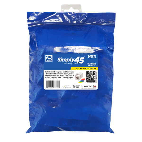 Simply 45 - S45-3250W-25 - Cat5E UTP White Keystone Feed-Thru Coupler - w/6-Color Snap-On ID Bars Included. 1ea/Bag, 25/Pack