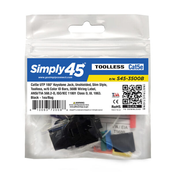 Simply 45 - S45-3500B - Cat5e UTP 180° Black Keystone Jack, Toolless, Dust Cover, w/6-Color Snap-On ID Bars Included. 1ea/bag
