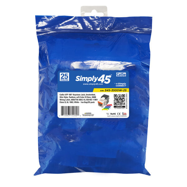 Simply 45 - S45-3500W-25 - Cat5e UTP 180° White Keystone Jack, Toolless, Dust Cover, w/6-Color Snap-On ID Bars Included. 1ea/Bag, 25/Pack