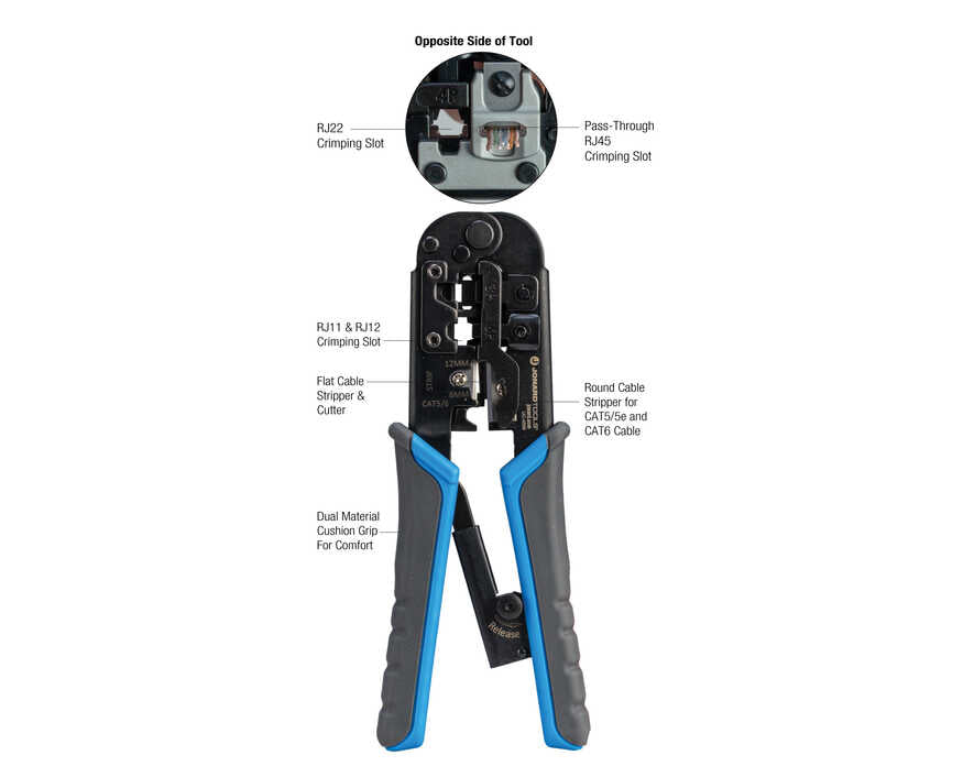 Jonard Tools - UC-4569 - 6-In-1 RJ45, RJ11/12 Modular Pass Through Crimping Tool For Cat3, Cat5/5e, And Cat6 Cables