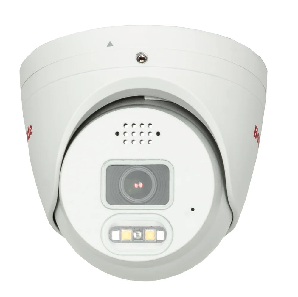 BOLIDE - BN9019AD/TAA - TAA Compliant H.265 8MP 2.8mm Fixed Lens IP67 Full Color Active Deterrent Turret Camera, Color At Night Warmlight Up to 65 Feet, Two-Way Audio ( Built-in Speaker and Mic ), MicroSD Slot Up to 256GB, Active Deterrent Red and Bl