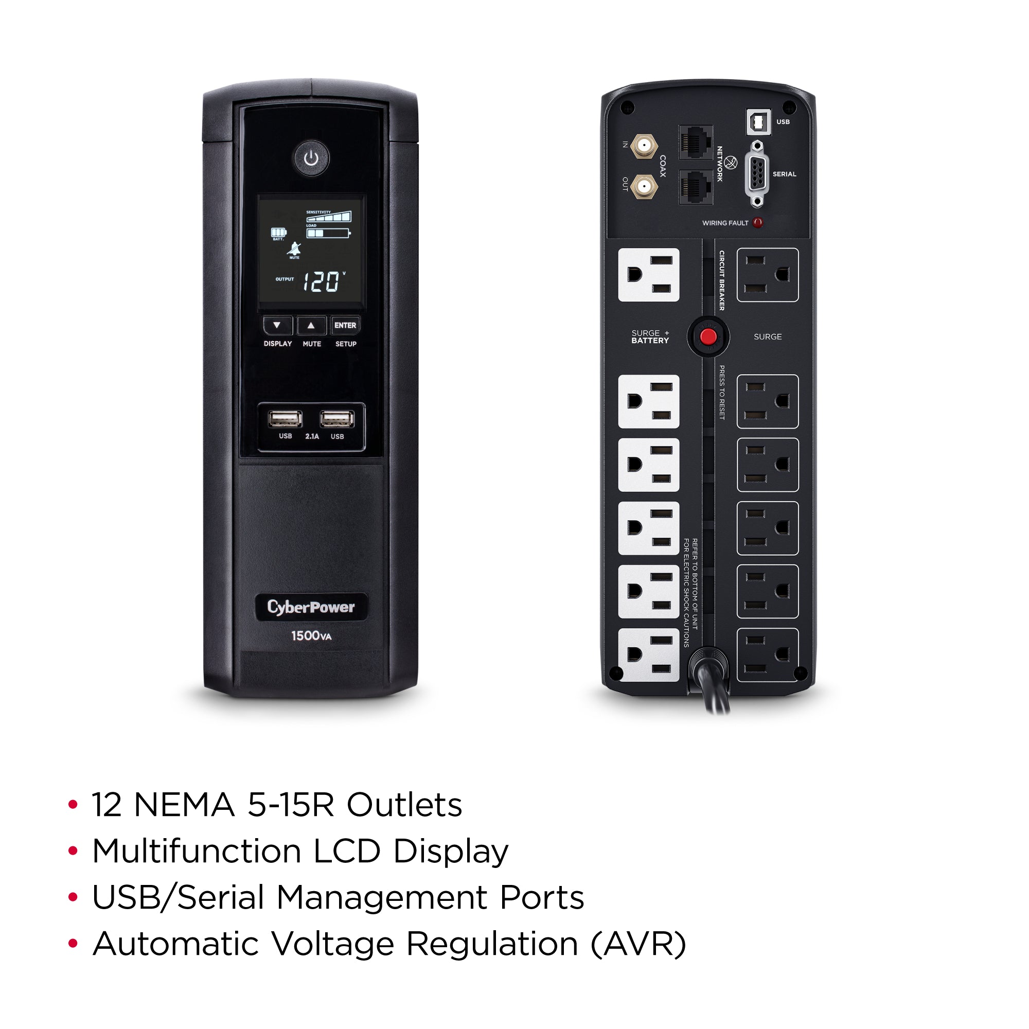 Cyber Power - BRG1500AVRLCD - UPS SYSTEMS Intelligent LCD, 1500VA/900W, Simulated Sine Wave, NEMA 5-15P, 6 ft cord