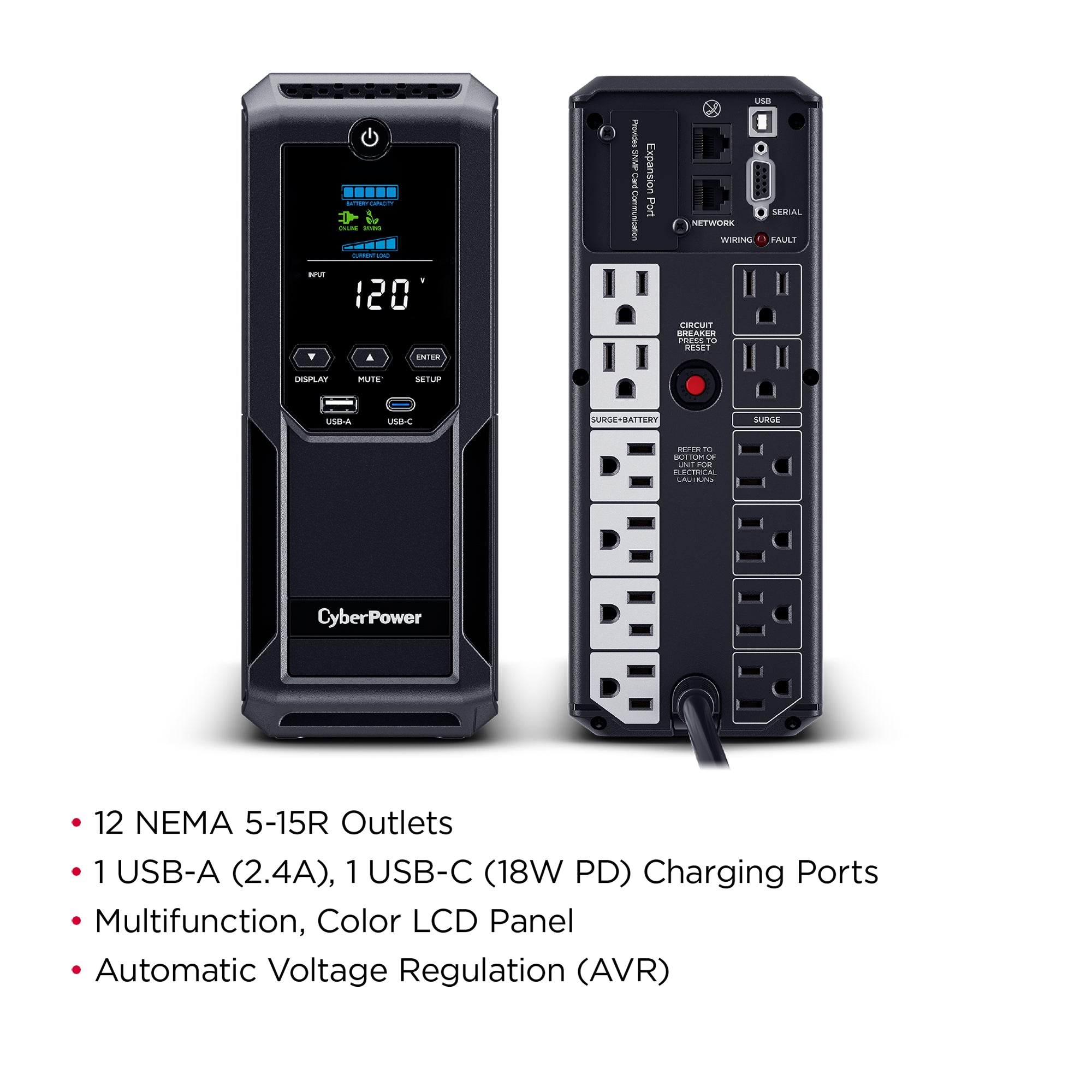 CYBERPOWER - BRG1500AVRLCD2 - 1500VA/900W Line Interactive UPS, Mini-tower, 12 Outlets, AVR, LCD, USB Charging, 5 Yr Warranty