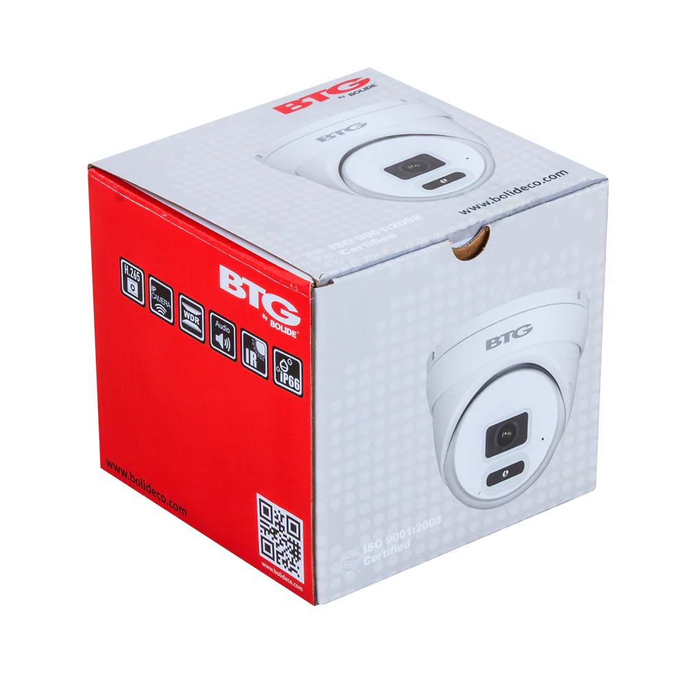 BOLIDE - BTG-N1909 - H.265 8MP ( 4K ) 2.8mm Fixed Lens IP67 IR Eyeball Camera, POE, 12VDC, Micro SD Slot, IR Up to 82ft, Built-in Mic, AI: Human / Vehicle Detect, PID, LCD, NDAA Compliant, ONVIF
