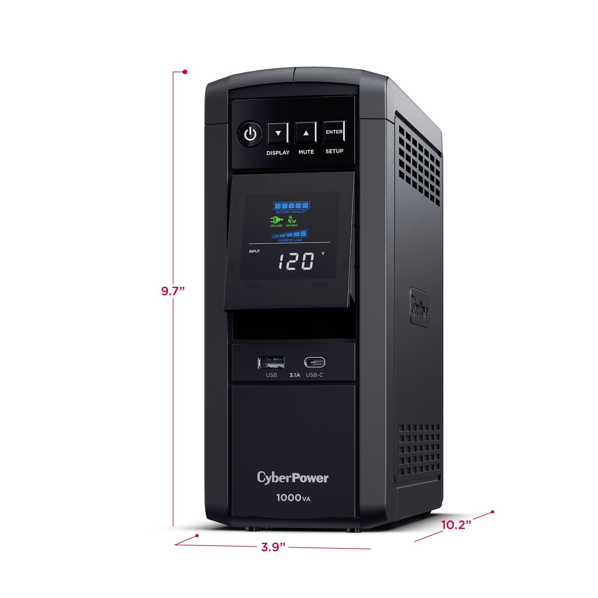 CYBERPOWER - CP1000PFCLCD - 1000VA/600W Sine wave UPS, NEMA 5-15P w/5ft Cord, 10 NEMA 5-15R Outlets, USB, Relay, 2 USB charge ports, PowerPanel Personal Software, 3 Yr Warranty