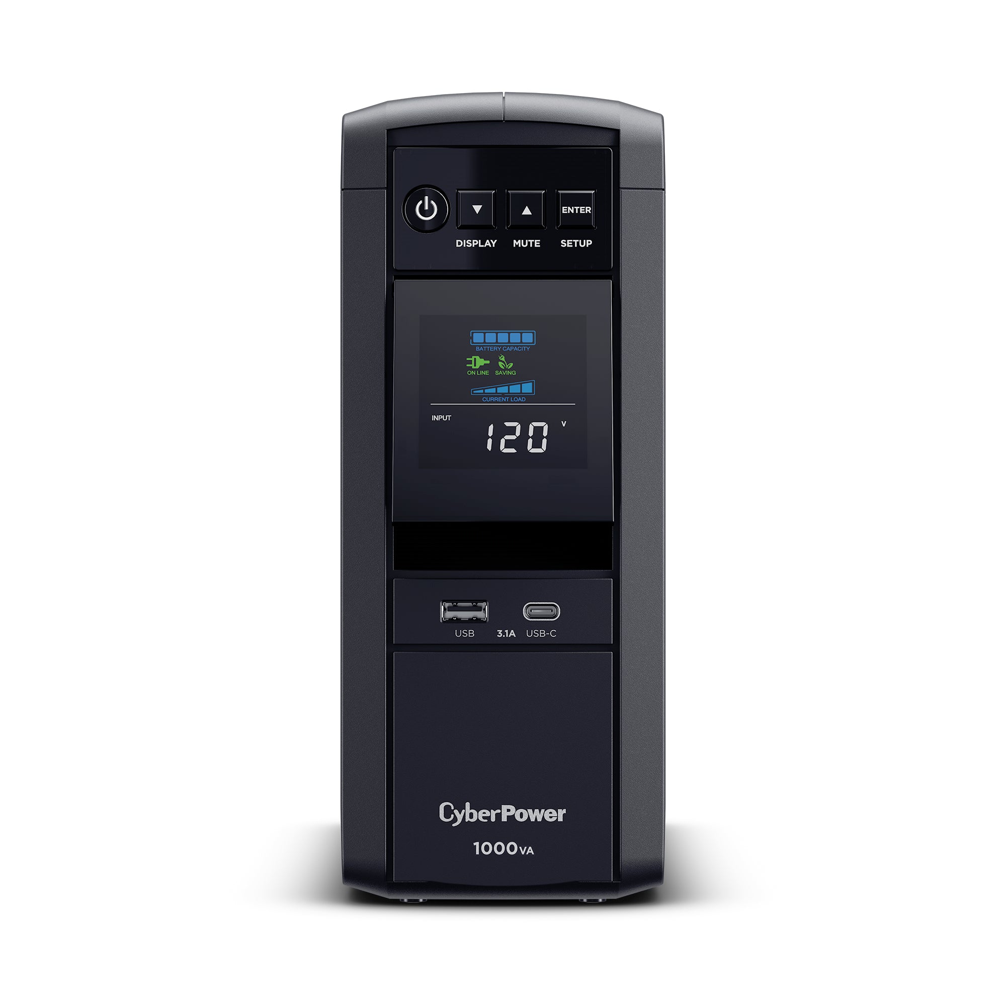 CYBERPOWER - CP1000PFCLCD - 1000VA/600W Sine wave UPS, NEMA 5-15P w/5ft Cord, 10 NEMA 5-15R Outlets, USB, Relay, 2 USB charge ports, PowerPanel Personal Software, 3 Yr Warranty