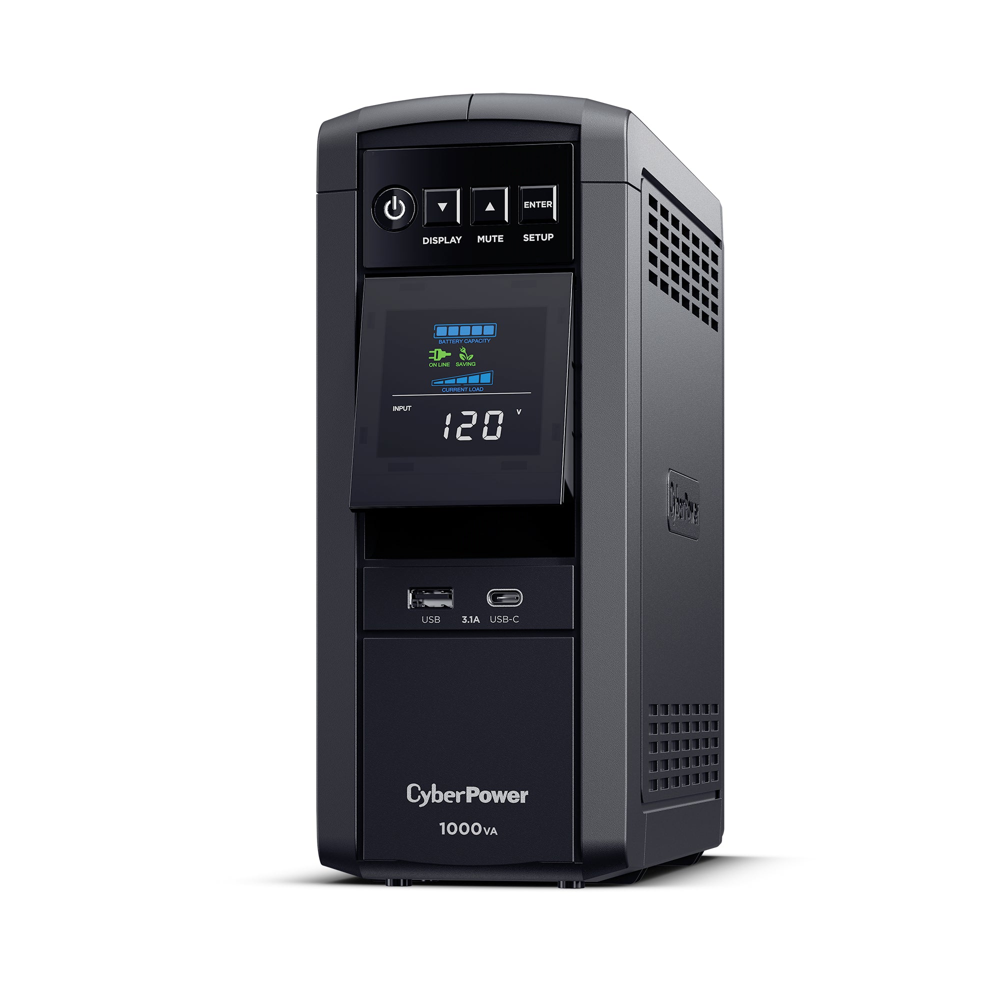CYBERPOWER - CP1000PFCLCD - 1000VA/600W Sine wave UPS, NEMA 5-15P w/5ft Cord, 10 NEMA 5-15R Outlets, USB, Relay, 2 USB charge ports, PowerPanel Personal Software, 3 Yr Warranty