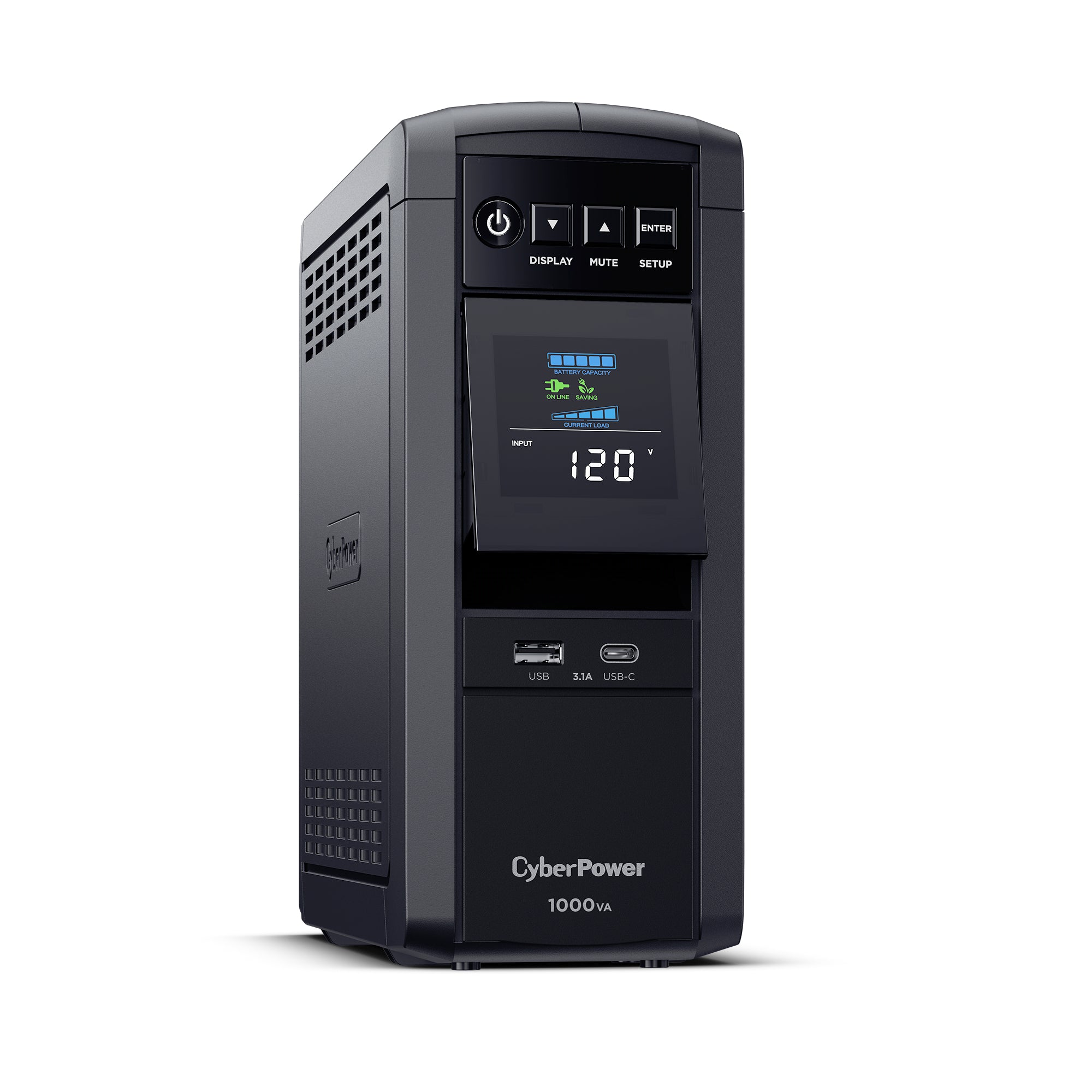 CYBERPOWER - CP1000PFCLCD - 1000VA/600W Sine wave UPS, NEMA 5-15P w/5ft Cord, 10 NEMA 5-15R Outlets, USB, Relay, 2 USB charge ports, PowerPanel Personal Software, 3 Yr Warranty