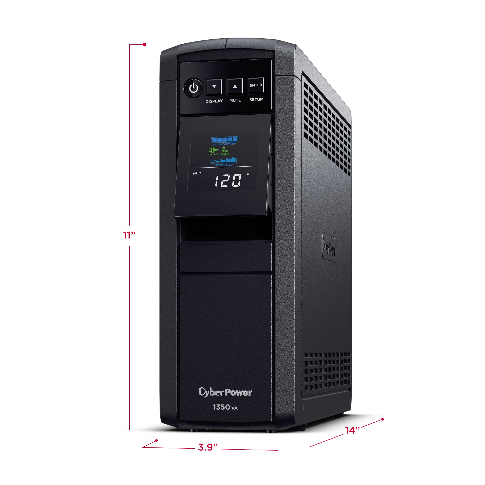 CYBERPOWER - CP1350PFCLCD - 1350VA/880W Line Interactive UPS, Sine Wave, Mini-tower, 12 NEMA 5-15R Outlets, NEMA 5-15P Plug w/5 Ft Cord, AVR, LCD, Serial/USB, 3 Yr Warranty