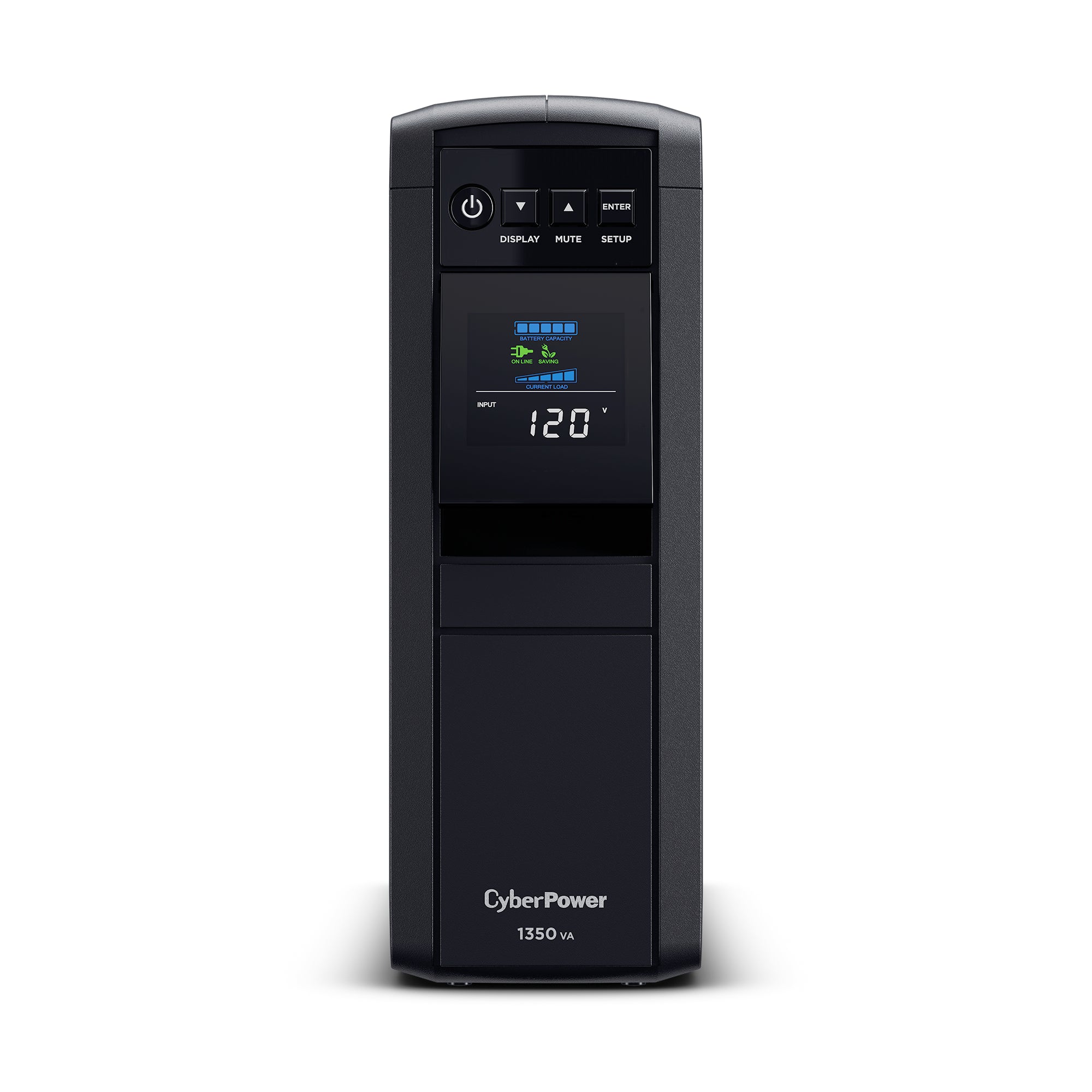 CYBERPOWER - CP1350PFCLCD - 1350VA/880W Line Interactive UPS, Sine Wave, Mini-tower, 12 NEMA 5-15R Outlets, NEMA 5-15P Plug w/5 Ft Cord, AVR, LCD, Serial/USB, 3 Yr Warranty