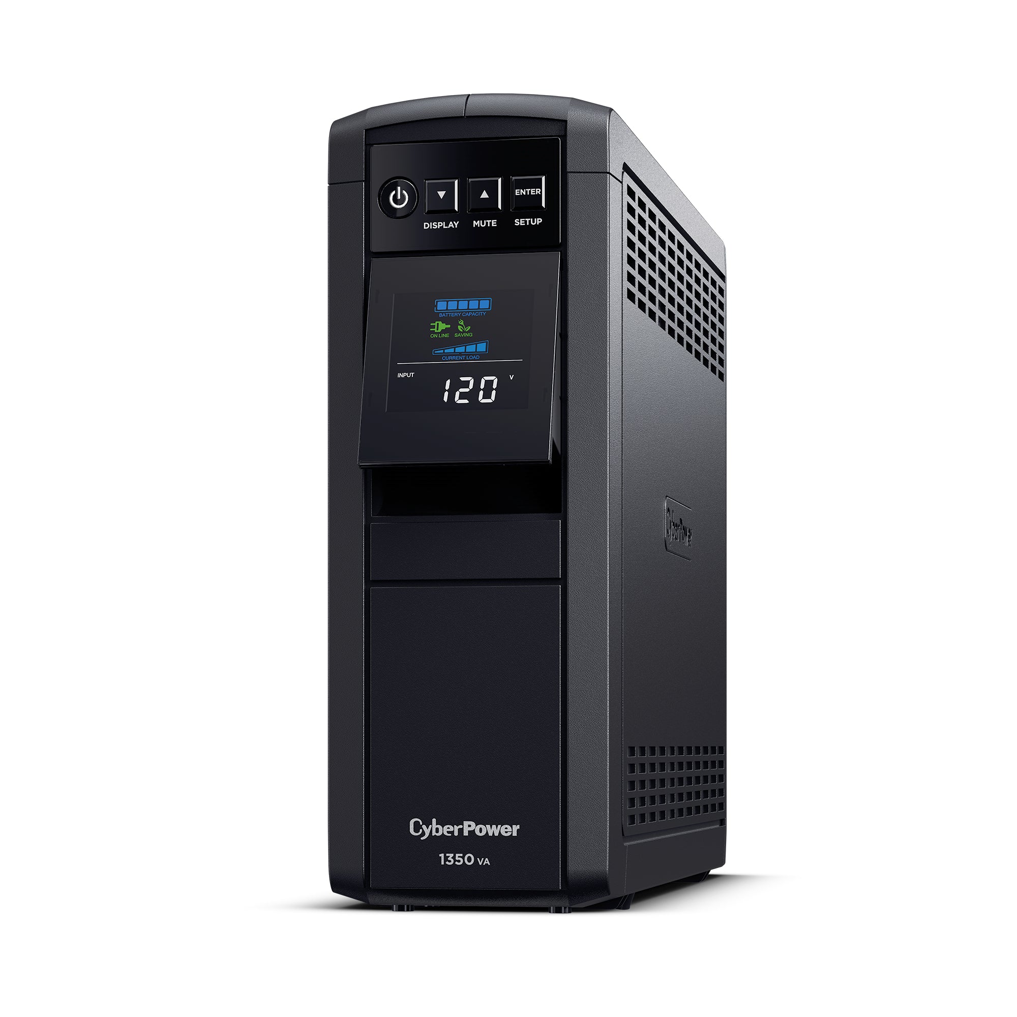 CYBERPOWER - CP1350PFCLCD - 1350VA/880W Line Interactive UPS, Sine Wave, Mini-tower, 12 NEMA 5-15R Outlets, NEMA 5-15P Plug w/5 Ft Cord, AVR, LCD, Serial/USB, 3 Yr Warranty