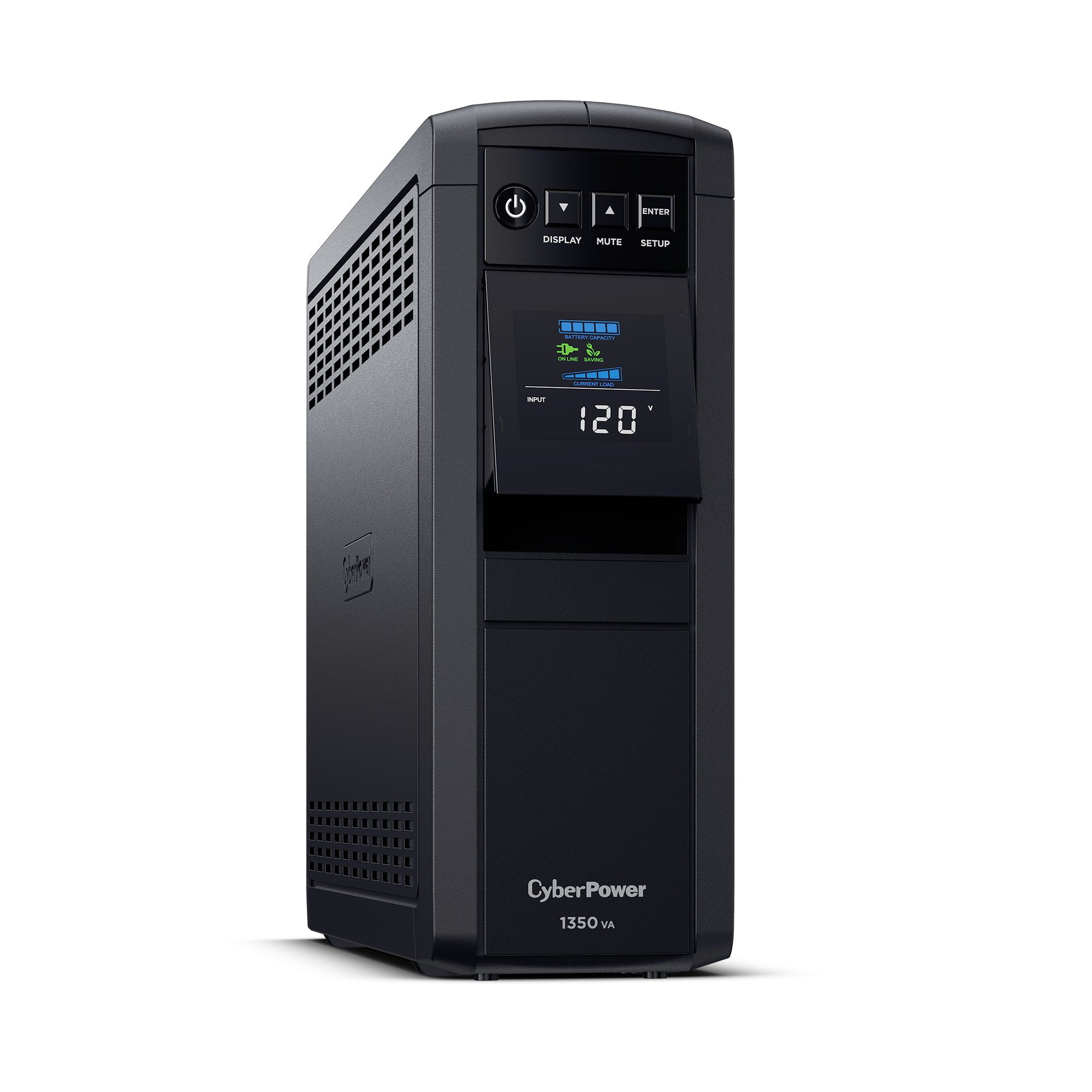 CYBERPOWER - CP1350PFCLCD - 1350VA/880W Line Interactive UPS, Sine Wave, Mini-tower, 12 NEMA 5-15R Outlets, NEMA 5-15P Plug w/5 Ft Cord, AVR, LCD, Serial/USB, 3 Yr Warranty