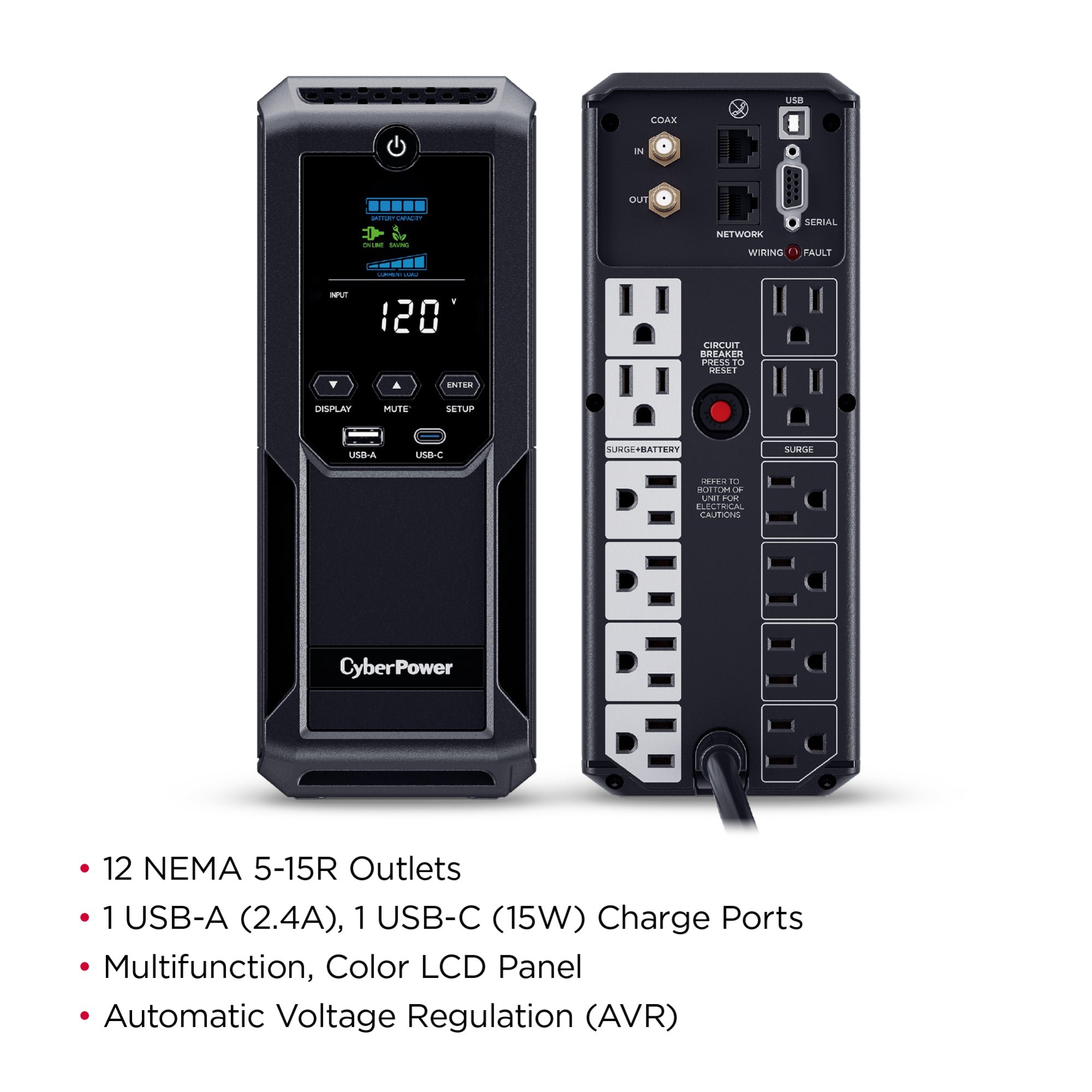 CYBERPOWER - CP1500AVRLCD3 - 1500VA/900W Line Interactive UPS, Mini-tower, 12 Outlets, AVR, LCD, USB Charging, 3 Yr Warranty