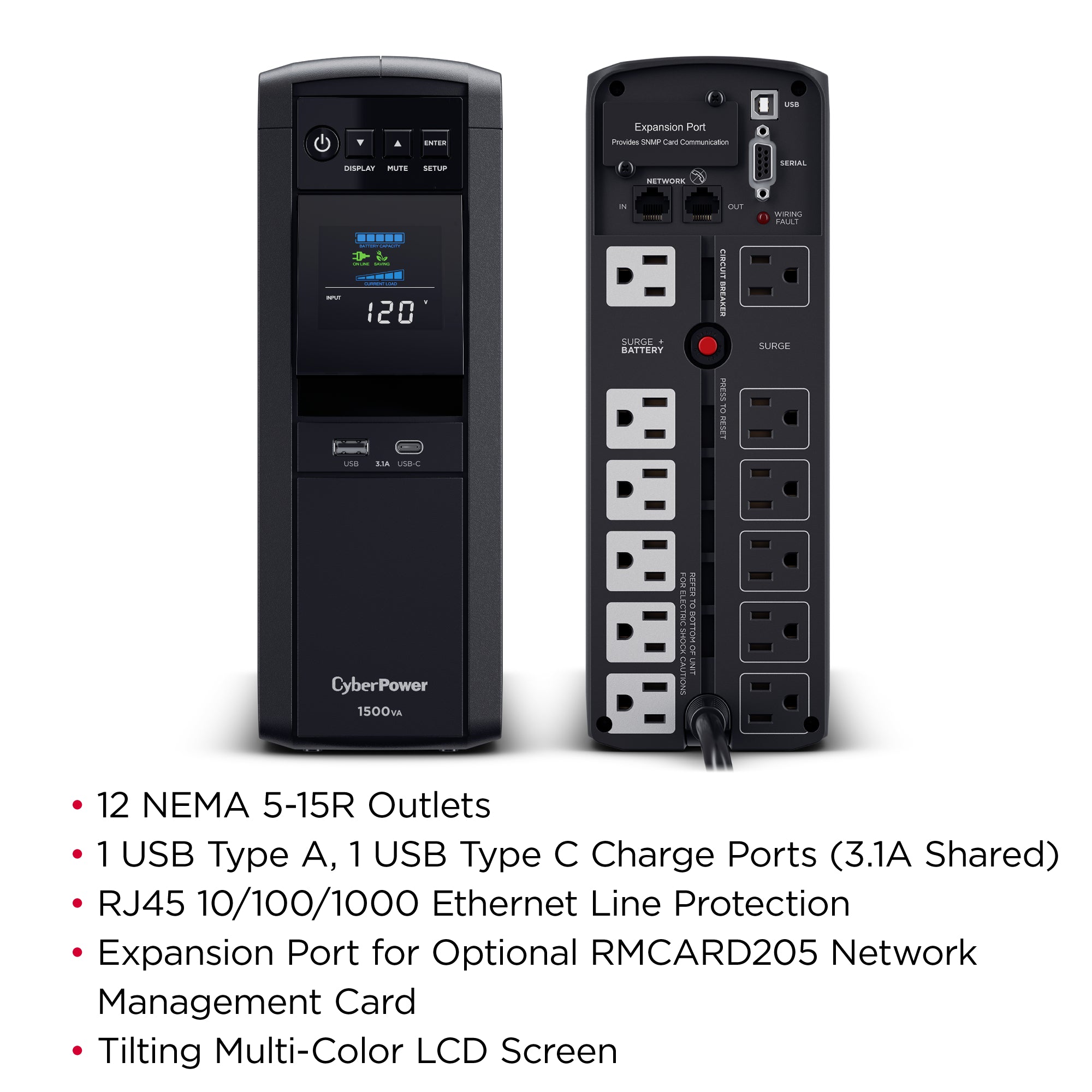 CYBERPOWER - CP1500PFCLCD - 1500VA/1000W, PFC Sine Wave Mini-tower UPS, 12 NEMA 5-15R, NEMA 5-15P, USB, Relay, SNMP, 3 Yr Wty
