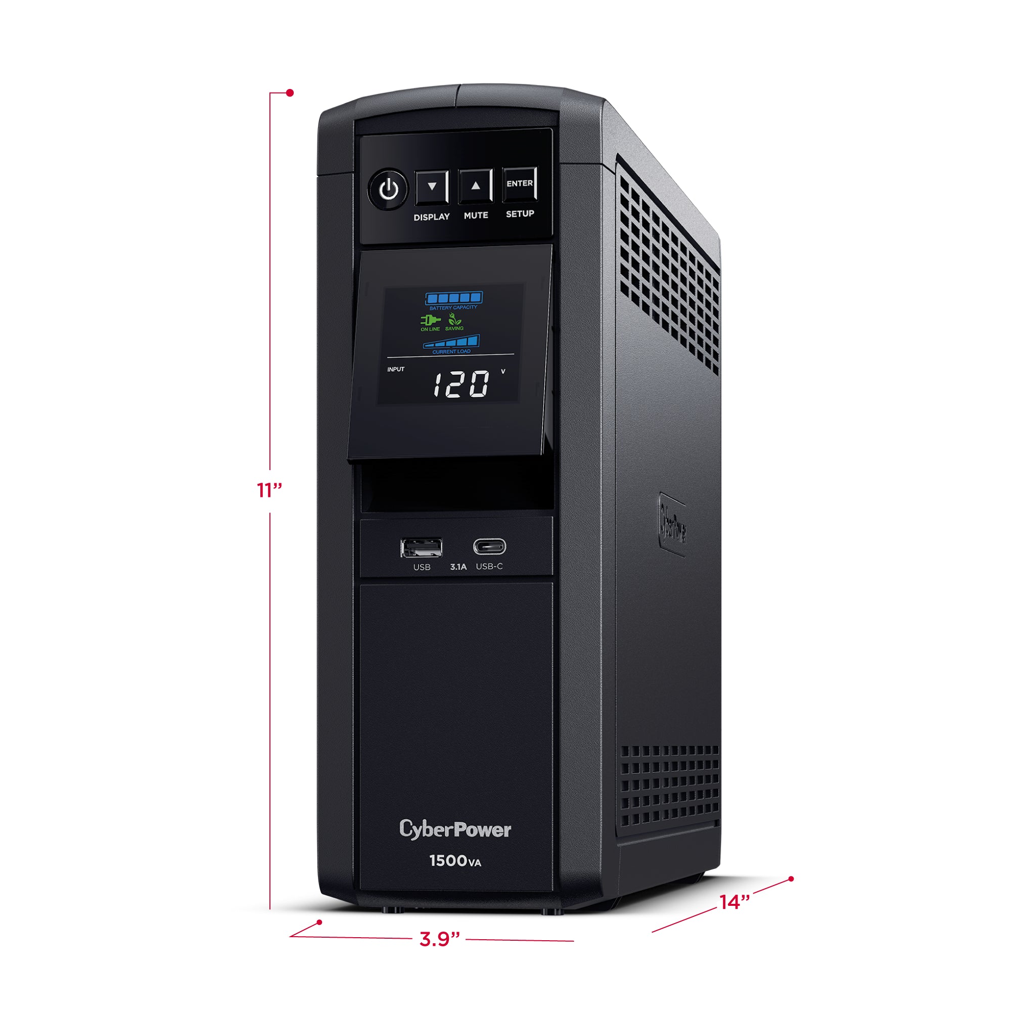 CYBERPOWER - CP1500PFCLCD - 1500VA/1000W, PFC Sine Wave Mini-tower UPS, 12 NEMA 5-15R, NEMA 5-15P, USB, Relay, SNMP, 3 Yr Wty