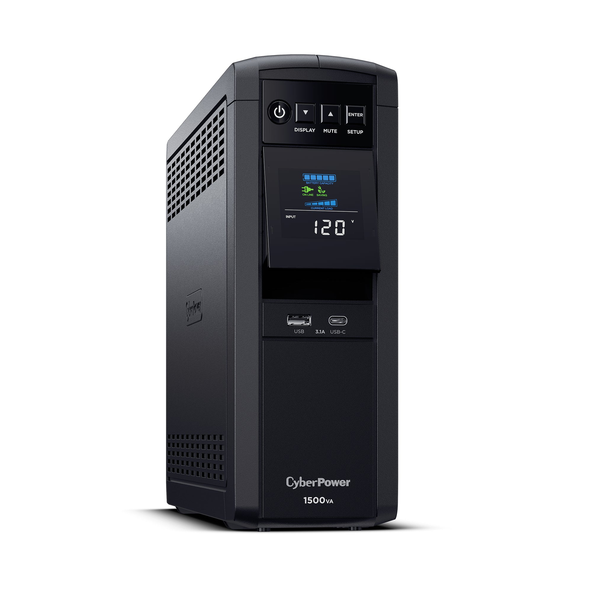 CYBERPOWER - CP1500PFCLCD - 1500VA/1000W, PFC Sine Wave Mini-tower UPS, 12 NEMA 5-15R, NEMA 5-15P, USB, Relay, SNMP, 3 Yr Wty
