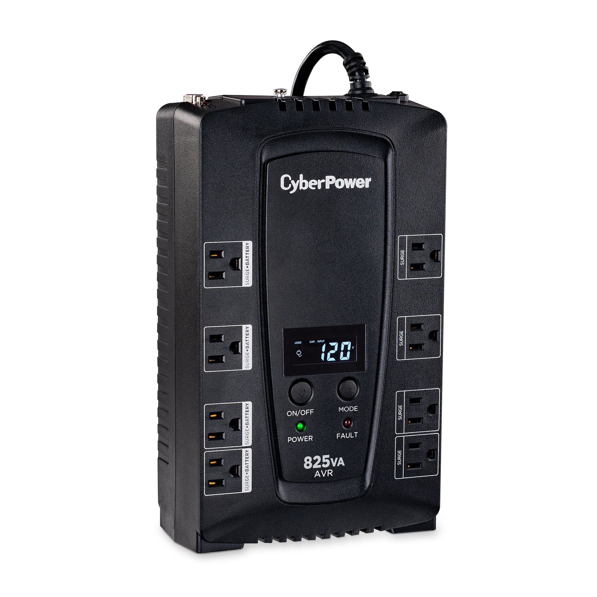 CYBERPOWER - CP825AVRLCD - 825VA/450W LINE INTERACTIVE UPS, 8 x NEMA 5-15R OUTLETS, NEMA 5-15P PLUG W/6FT POWER CORD, AVR, LCD, POWERPANEL PERSONAL SOFTWARE, 3 YR WTY