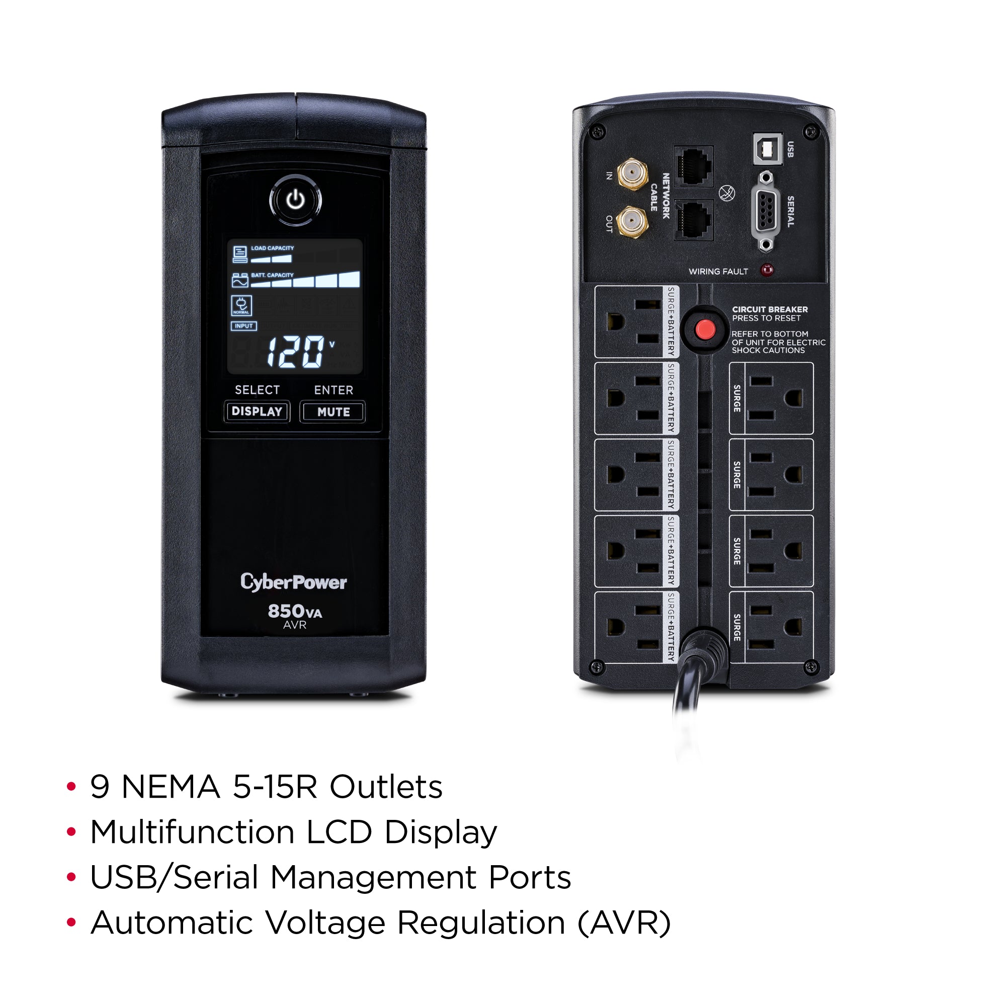 CYBERPOWER - CP850AVRLCD - CyberPower 850VA/510W Line-Interactive UPS AVR LCD 9 Outlets 3 Year Warranty 1080 Joules