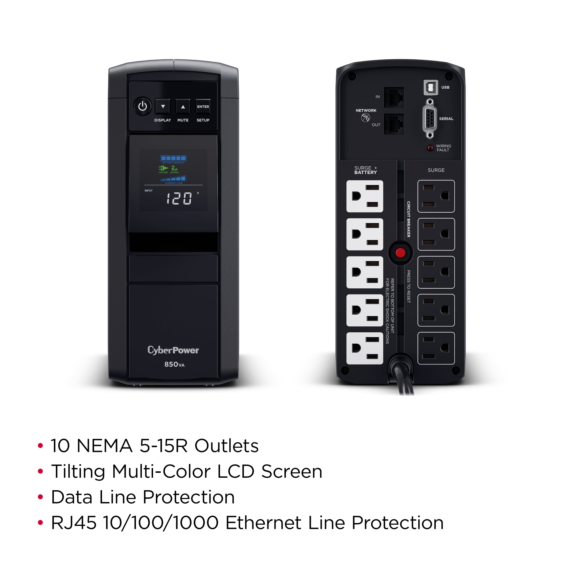 CYBERPOWER - CP850PFCLCD - 850VA/510W Line Interactive UPS, Sine Wave, Mini-tower, 10 NEMA 5-15R Outlets, NEMA 5-15P Plug w/5 Ft Cord, AVR, LCD, Serial/USB, 3 Yr Warranty