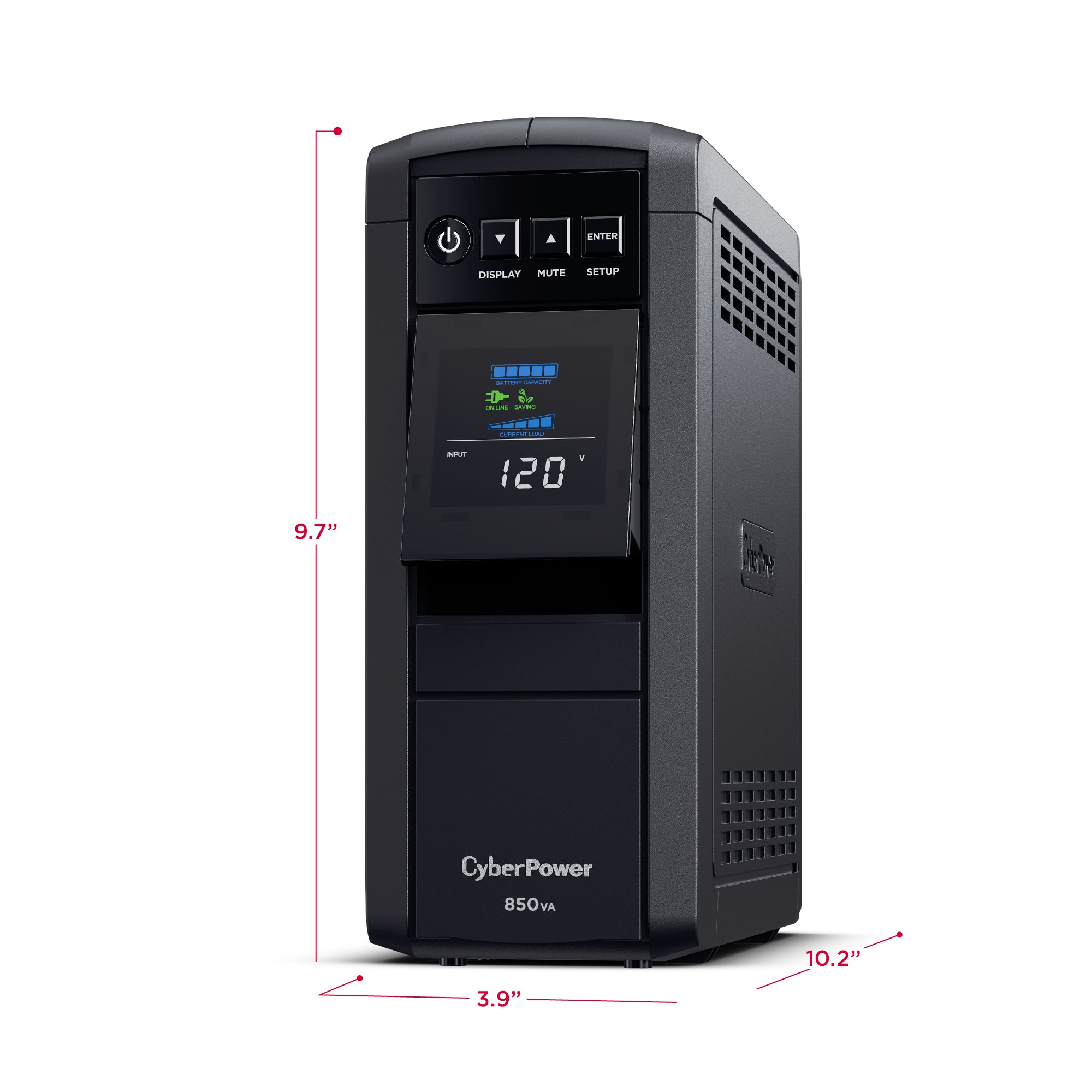 CYBERPOWER - CP850PFCLCD - 850VA/510W Line Interactive UPS, Sine Wave, Mini-tower, 10 NEMA 5-15R Outlets, NEMA 5-15P Plug w/5 Ft Cord, AVR, LCD, Serial/USB, 3 Yr Warranty